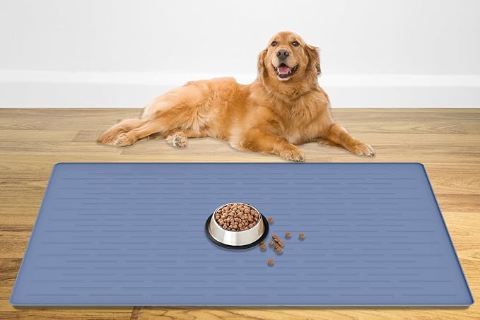 48" x 32" Largest Pet Food Mat, XXXL Silicone Dog Mats for Food and Water, Nonslip Pet Feeding Mats for Floors,Dog Cat Bowl Mat with Raised Edges, Lake Blue-PawvioPets