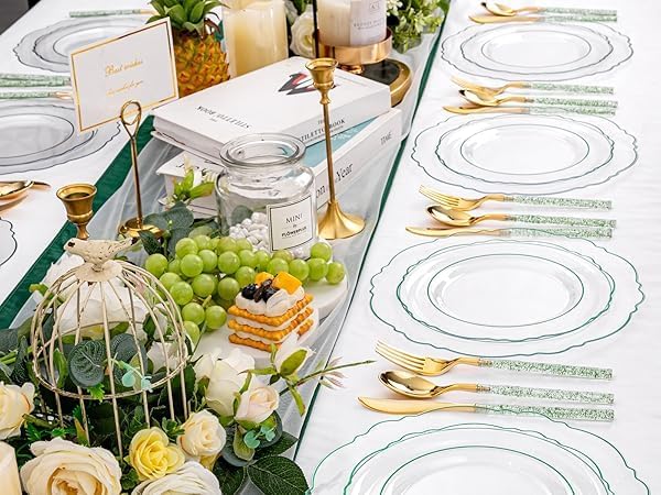 Liacere 150PCS Clear and Green Plastic Plates - Disposable Plates with Glitter Bamboo Handle Cutlery - 60 Baroque Elegant Plates,30Forks,30Spoons,30Knives for St. Patrick's Party