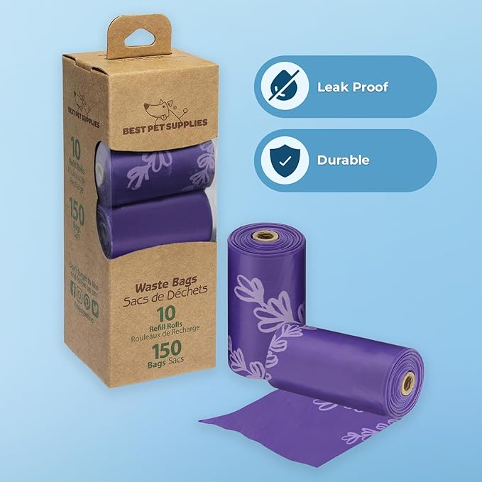 Best Pet Supplies Dog Poop Bags (150 Bags) for Waste Refuse Cleanup, Doggy Roll Replacements for Outdoor Puppy Walking and Travel, Leak Proof and Tear Resistant, Thick Plastic - Purple-PawvioPets