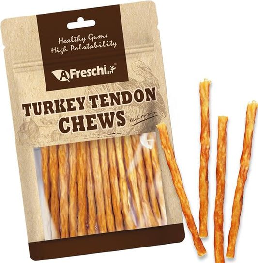 Afreschi Turkey Tendon Thin Stick 3.5 oz, USA-Sourced Turkey Tendon, Dog Treats for Classic Series, All Natural Human Grade Dog Treat, Suitable for Training chew, Rawhide Alternative-PawvioPets