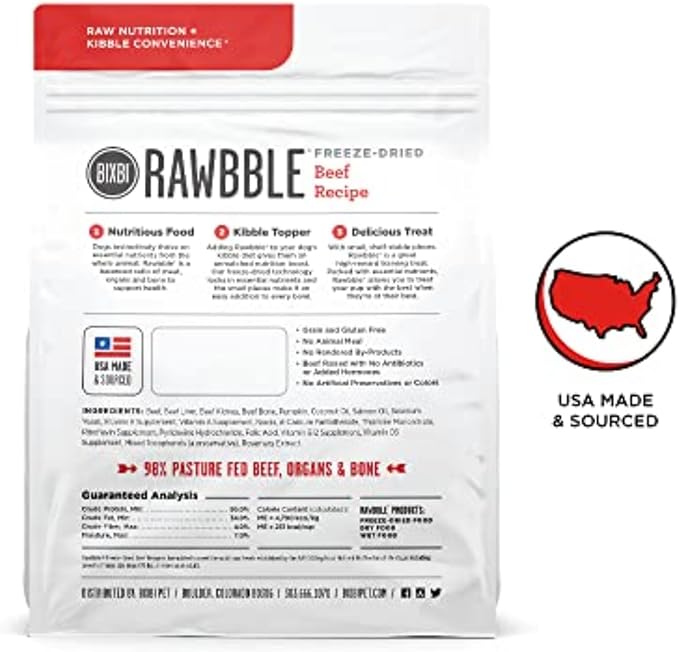 BIXBI Rawbble Freeze Dried Dog Food, Beef Recipe, 4.5 oz - 98% Meat and Organs, No Fillers - Pantry-Friendly Raw Dog Food for Meal, Treat or Food Topper - USA Made in Small Batches-PawvioPets