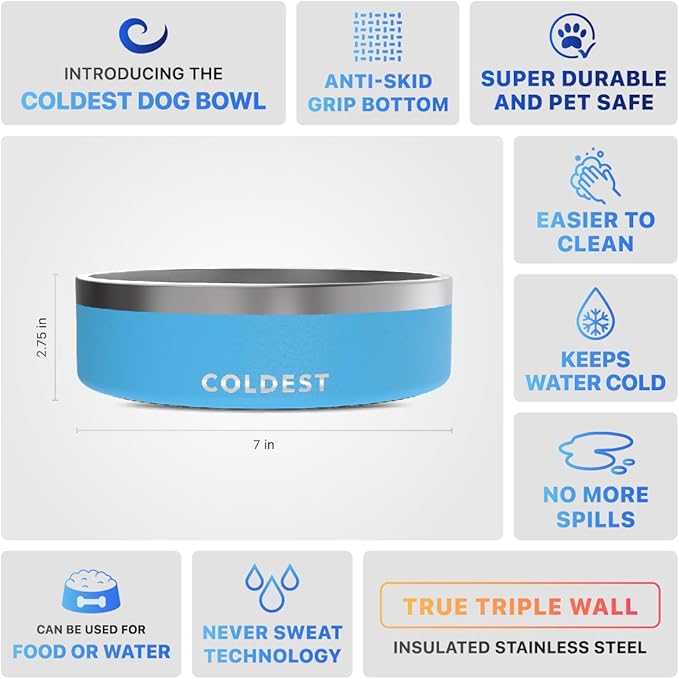 Coldest Dog Bowl - Anti Rust Metal, Non Slip, 3 Layers Insulated Stainless Steel Dog Bowls - Spill Proof & Heavy Duty - Water Bowl for Dogs, Cats & Pets, Dish Washer Safe (42 oz, Celestial Blue)-PawvioPets