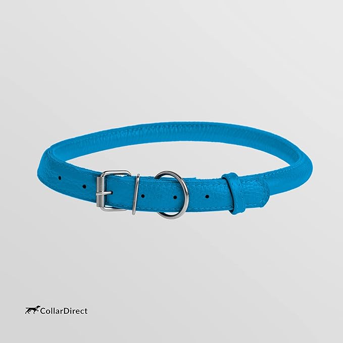 CollarDirect Rolled Leather Dog Collar, Soft Padded Round Puppy Collar, Handmade Genuine Leather Collar Dog Small Large Cat Collars 13 Colors (6-7 Inch, Light Blue Textured)-PawvioPets
