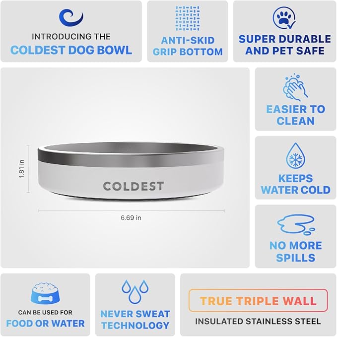 Coldest Dog Bowl - Anti Rust Metal, Non Slip, 3 Layers Insulated Stainless Steel Dog Bowls - Spill Proof & Heavy Duty - Water Bowl for Dogs, Cats & Pets, Dish Washer Safe (21 oz, Epic White)-PawvioPets
