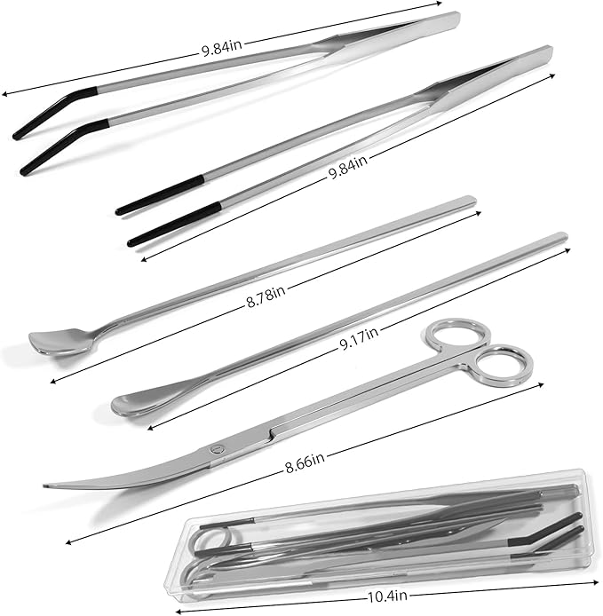 5 Pcs Reptile Feeding Tools Set with Silicone Tips - Extra Long Straight&Curved Tongs, Spoons, Scissors - Stainless Steel Terrarium Feeder Kit for Bearded Dragons, Lizards, Snake, Spiders, Aquarium-PawvioPets