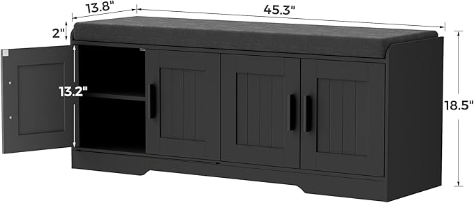 2-Tier Storage Bench, Shoe Bench with Thickened Padded Seat Cushion, Entryway Bench with 4 Doors, Adjustable Shelf, 13.8" D x 45.3" W x 18.5" H, for Entryway, Living Room, Bedroom, Black-PawvioPets