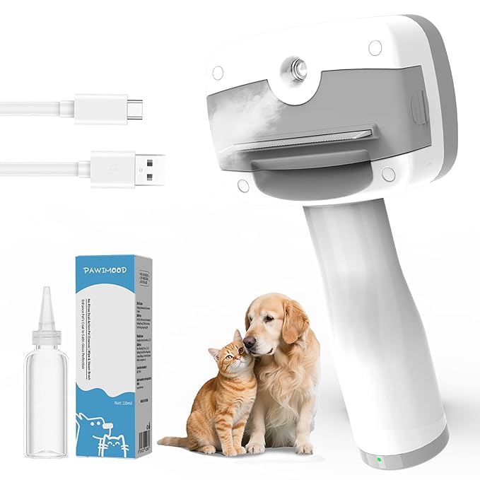 5 in 1 Pet Steam Brush for Dogs & Cats – Self Cleaning, 3 Pet Brush for Smoothing, Dematting, Thinning – Shedding, Grooming & Hair Removal, Includes Shampoo & Storage Case (7.4"-deshedding)-PawvioPets