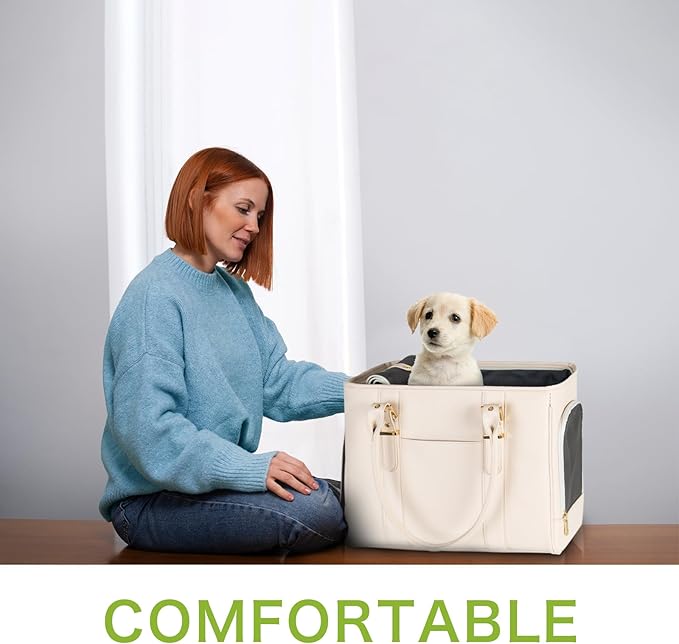 Fashion Pet Carrier Dog Purse Cat Bag Soft-Sided Carriers Travel Airline Approved, Stylish Leather Tote Handbag for Small Animal Puppy Kitten (White)-PawvioPets