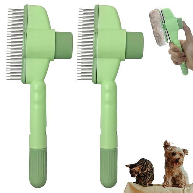 2PCS Cat Comb Dog Hair Comb，Pet Grooming Cleaning Comb，Pet Hair Removal Tool with Release Button-PawvioPets