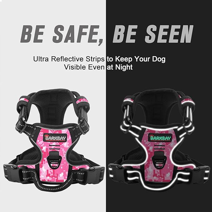 BARKBAY No Pull Dog Harness Front Clip Heavy Duty Reflective Easy Control Handle for Large Dog Walking(Pink camo,XL)-PawvioPets
