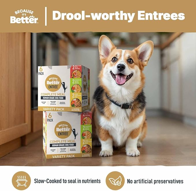 Because it's Better Entrée Complete Meal, Variety Pack, Human Grade Wet Dog Food, 10 oz Pouches, 6 Count-PawvioPets