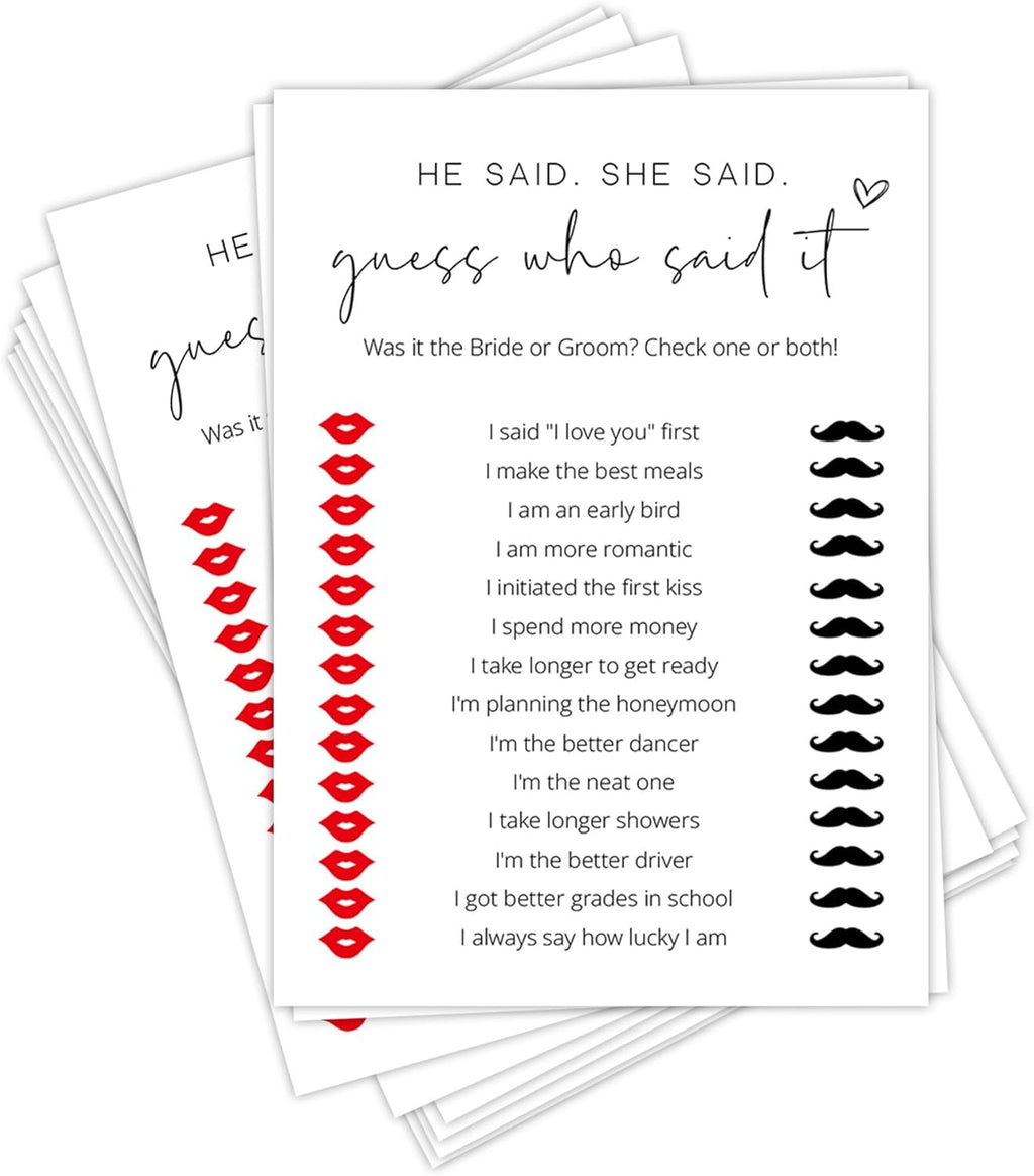 Bridal Shower Games, He Said She Said, 25Pcs Minimalist White Double-Sided Bridal Game Cards, Wedding Shower Games for Guests, Engagement Bachelorette Party Supplies - A12