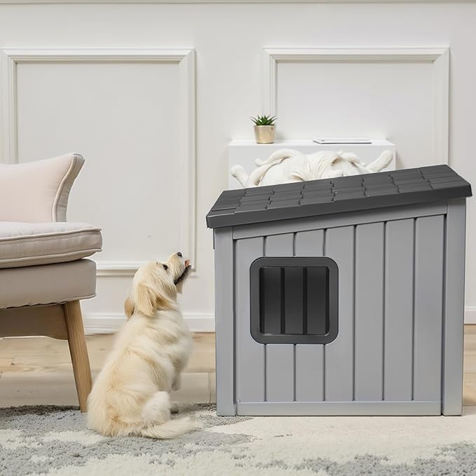 DRATO Dog House Indoor and Outdoor with Weatherproof Roof Removable Floors for Small to Middle Sized Dogs Easy to Assemble (Gray, 24.65 * 21.5 * 22.21)-PawvioPets