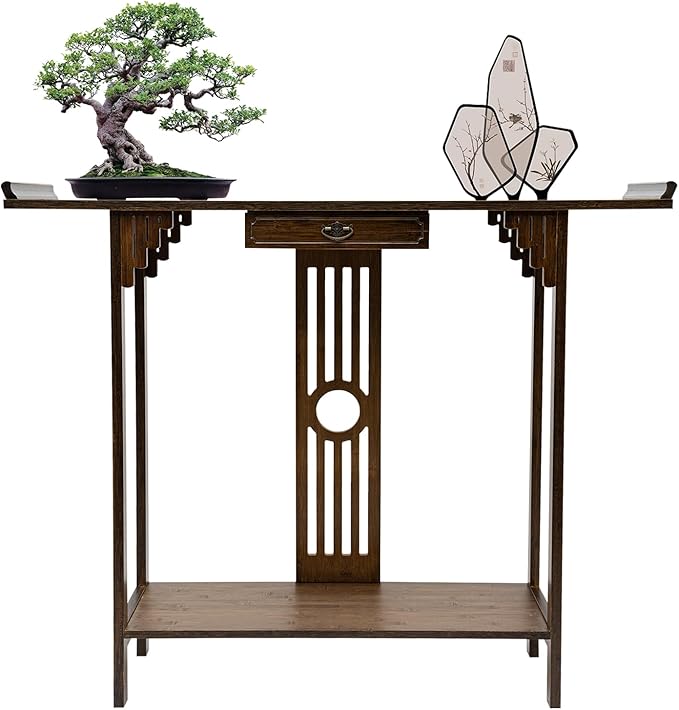 Console Table with Storage Shelves, 2 Tiers L 40.1” Narrow Sofa Table with Drawers, Bamboo Entryway Table for Small Spaces, Living Room Hallway Foyer Corridor Wood Entry Table-PawvioPets