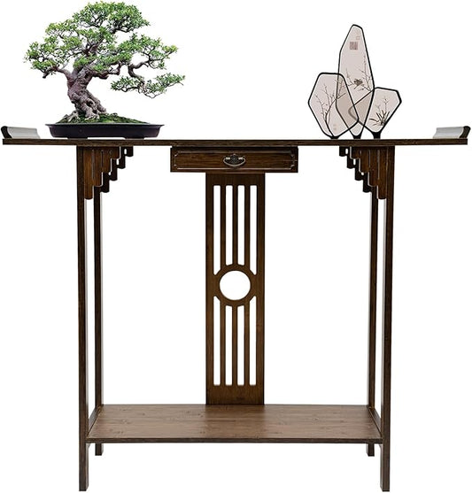 Console Table with Storage Shelves, 2 Tiers L 40.1” Narrow Sofa Table with Drawers, Bamboo Entryway Table for Small Spaces, Living Room Hallway Foyer Corridor Wood Entry Table-PawvioPets