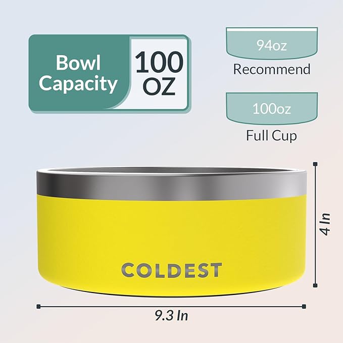 Coldest Dog Bowl - Anti Rust Metal, Non Slip, 3 Layers Insulated Stainless Steel Dog Bowls - Spill Proof & Heavy Duty - Water Bowl for Dogs, Cats & Pets, Dish Washer Safe (100 oz, Solar Yellow)-PawvioPets