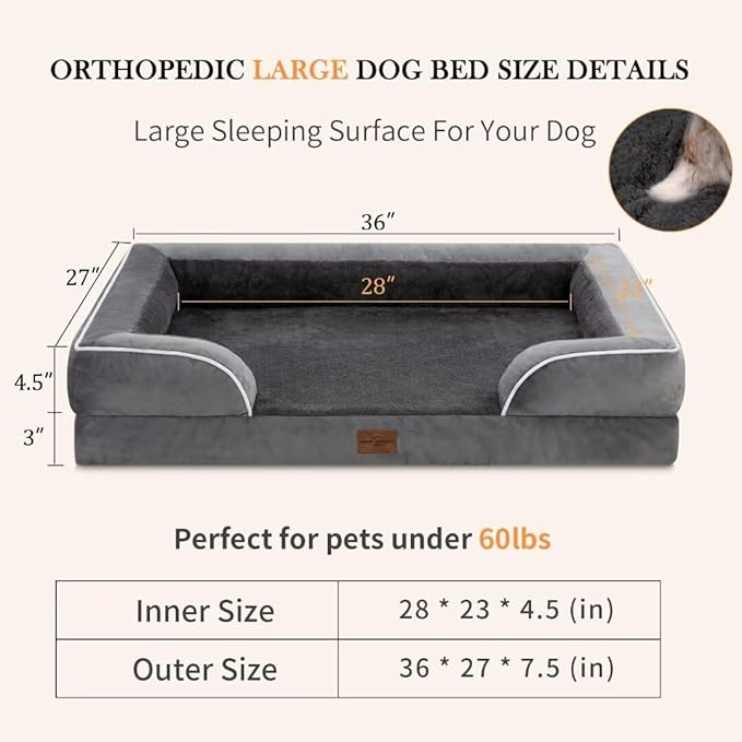 Comfort Expression Cooling Dog Bed for Large Dogs, Memory Foam Orthopedic Dogs Beds, Waterproof Washable Dog Beds with Removable Cover, Pet Bed Sofa with Bolster(Large,Leaden Grey)-PawvioPets