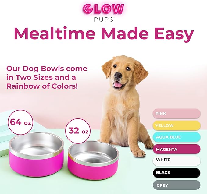 Bright Pink Dog Bowl for Small Dogs, 32 oz Non Slip Stainless Steel Pet Bowl, Vacuum Insulated Pet Bowl That Keeps Water Cool (32 oz, Bright Pink)-PawvioPets