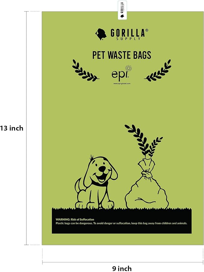 GORILLA SUPPLY Dog Poop Waste Bags with Dispenser and Leash Tie, 9" x 13", Green, 1000 Count-PawvioPets