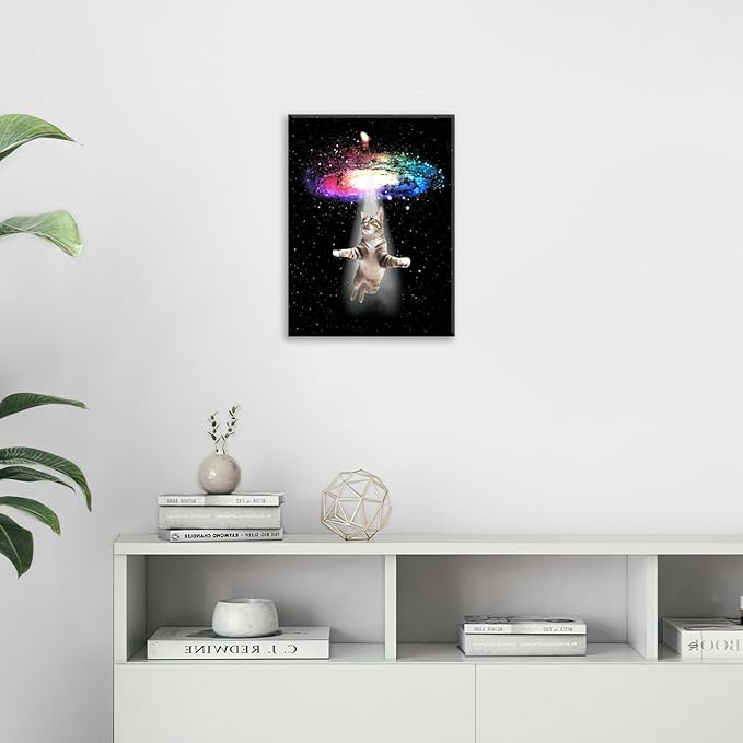 Funny Cat Wall Art Canvas Galaxy Wall Decor Prints Framed Painting Animal Pictures Gifts Artwork for Bathroom Living Dining Kitchen 12"x16"-PawvioPets