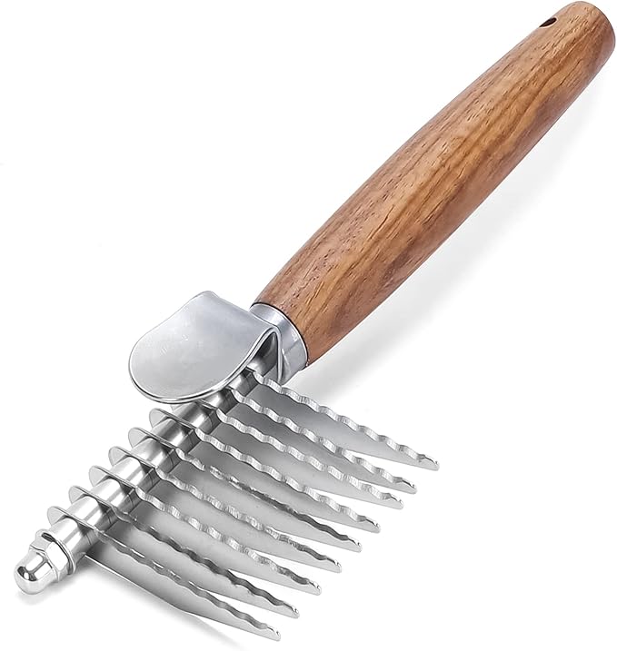 Dog Dematting Comb with Wooden Handle & Detangling Brush - Stainless Steel Undercoat Rake for Long & Thick Haired Dogs & Cats, Professional Grooming Tool for Deshedding and Matted Fur Removal-PawvioPets