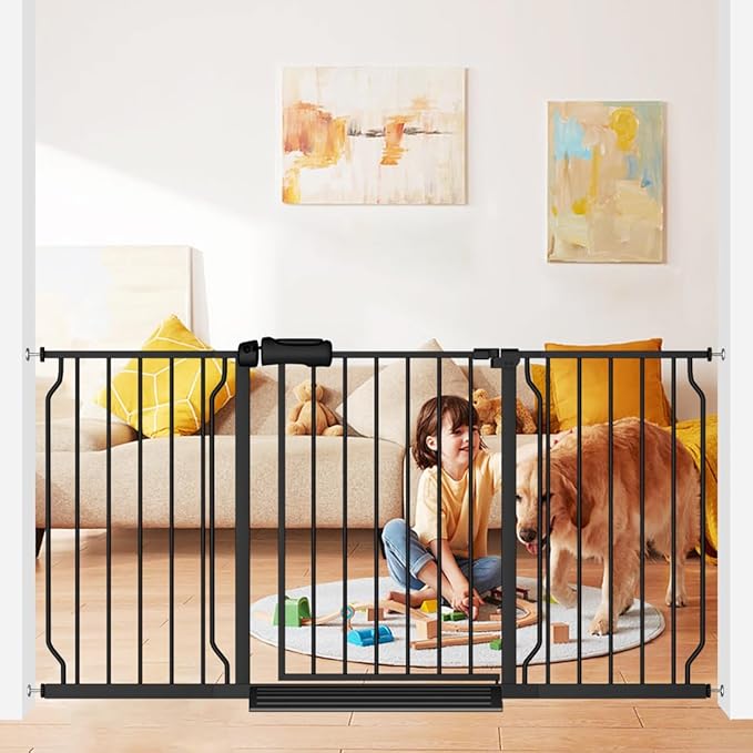 Extra Wide Baby Gate 57.5-62 Inch Black Walk THR Dog Gates Doorways House No Drill Pressure Mounted Auto Close Long Child Safety Gate for Kids and Pet-PawvioPets