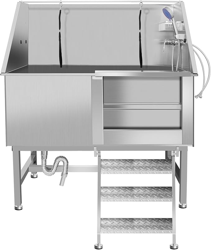 50" Pet Dog Bathing Station W/Ramp, Professional Stainless Steel Dog Grooming Tub W/Soap Box, Faucet,Rich Accessory, Dog Bathtub for Large,Medium,Small Pets, Washing Sink for Home (50" Right ramp)-PawvioPets