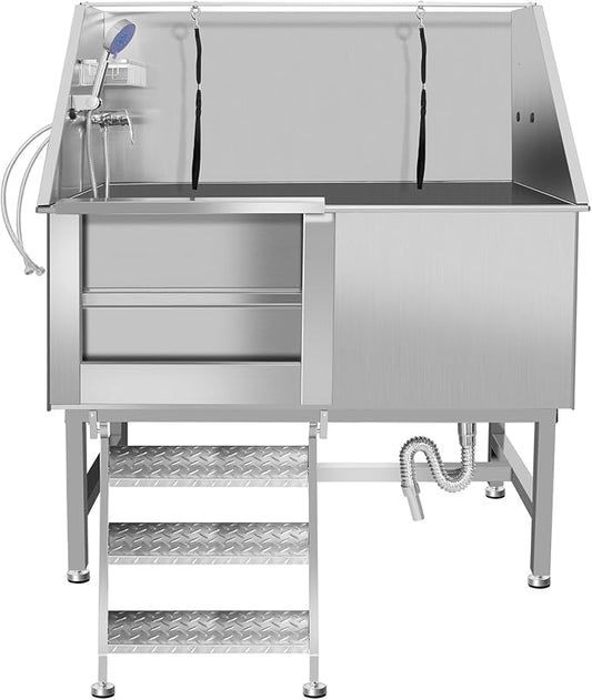 50" Pet Dog Bathing Station W/Stairs, Professional Stainless Steel Dog Grooming Tub W/Soap Box, Faucet,Rich Accessory, Dog Bathtub for Large,Medium,Small Pets, Washing Sink for Home (50" Left ramp)-PawvioPets