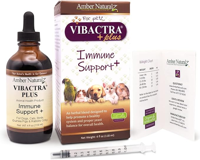 Amber NaturalZ Vibactra Plus Herbal Supplement for Dogs, Cats, Birds, Guinea Pigs, and Rabbits | Herbs for Immune Health and Yeast Balance | 4 Fluid Ounce Glass Bottle-PawvioPets