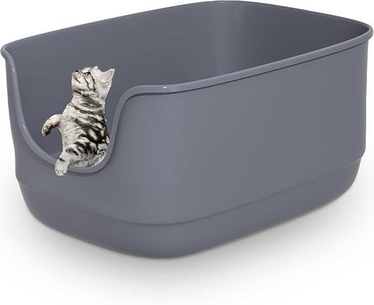 Gefryco Large Cat Litter Box with High Sided 24.6"x18.3"x12.2" - Jumbo Extra Large Open Anti - Splashing High Wall for Multiple Cats (Grey)-PawvioPets
