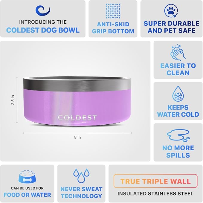 Coldest Dog Bowl - Anti Rust Metal, Non Slip, 3 Layers Insulated Stainless Steel Dog Bowls - Spill Proof & Heavy Duty - Water Bowl for Dogs, Cats, Dish Washer Safe (64 oz, Saturns Purple Glitter)-PawvioPets