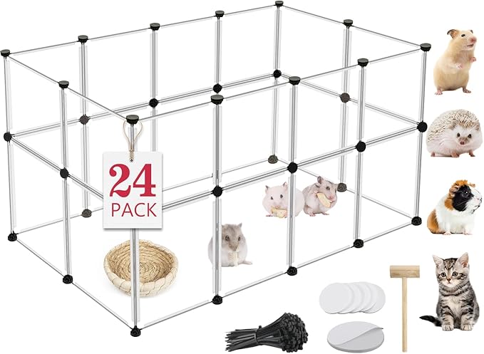 24 Panels Portable Small Animals Playpen,48"x 24"x 28" Transparent Pet Playpen,Portable Plastic Enclosure,Puppy Play Pen for Indoors Outdoor Pet Fence for Guinea Pigs,Bunny,Ferrets,Hamsters,Hedgehogs-PawvioPets
