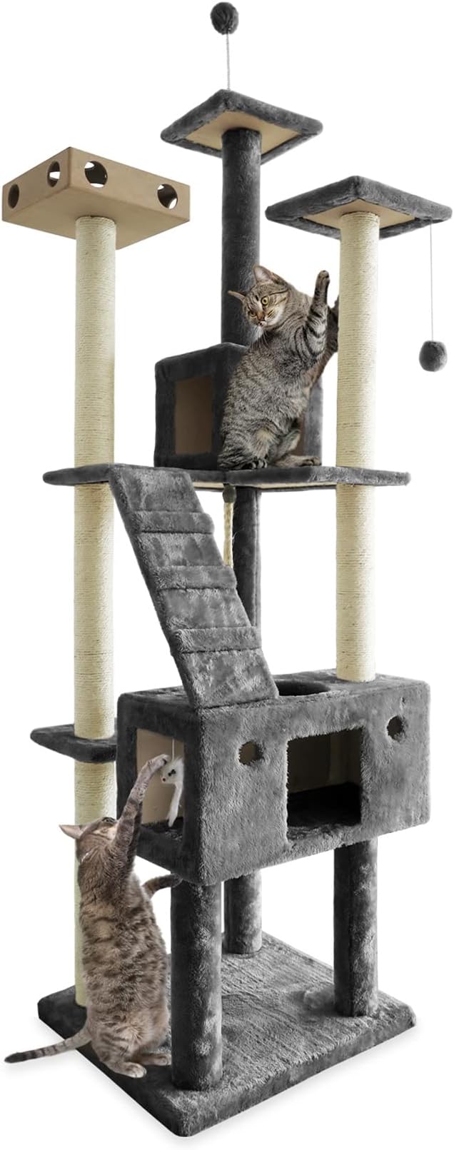 Furhaven 69.3" Tall Cat Tree for Indoor Cats, Ft. Sisal Scratching Posts, 2x Cat Condos, & Toys - Tiger Tough Double Decker Interactive Playground Tower - Silver Gray, One Size-PawvioPets