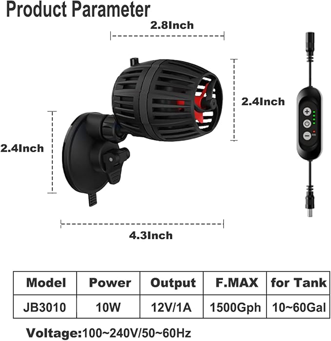 Carefree Fish Aquarium DC12V 10W Wave Maker 4 Level Adjustable Flow Rate Powerhead 1500Gph Wave Pump for 10~60Gal Freshwater and Saltwater Fish Tank-PawvioPets