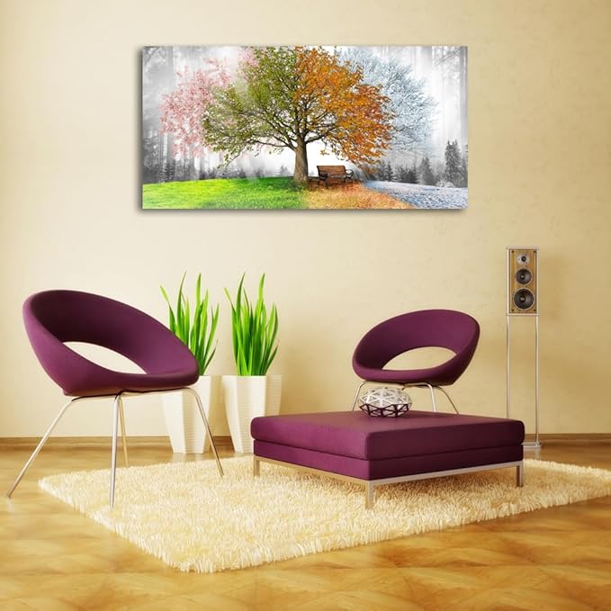 Canvas Prints Wall Art Decor Large Four Seasons Tree Picture 1 Panel Spring Summer Autumn Winter Tree Painting Artwork for Dining Room Kitchen Home Decor Stretched and Framed Ready to Hang-PawvioPets