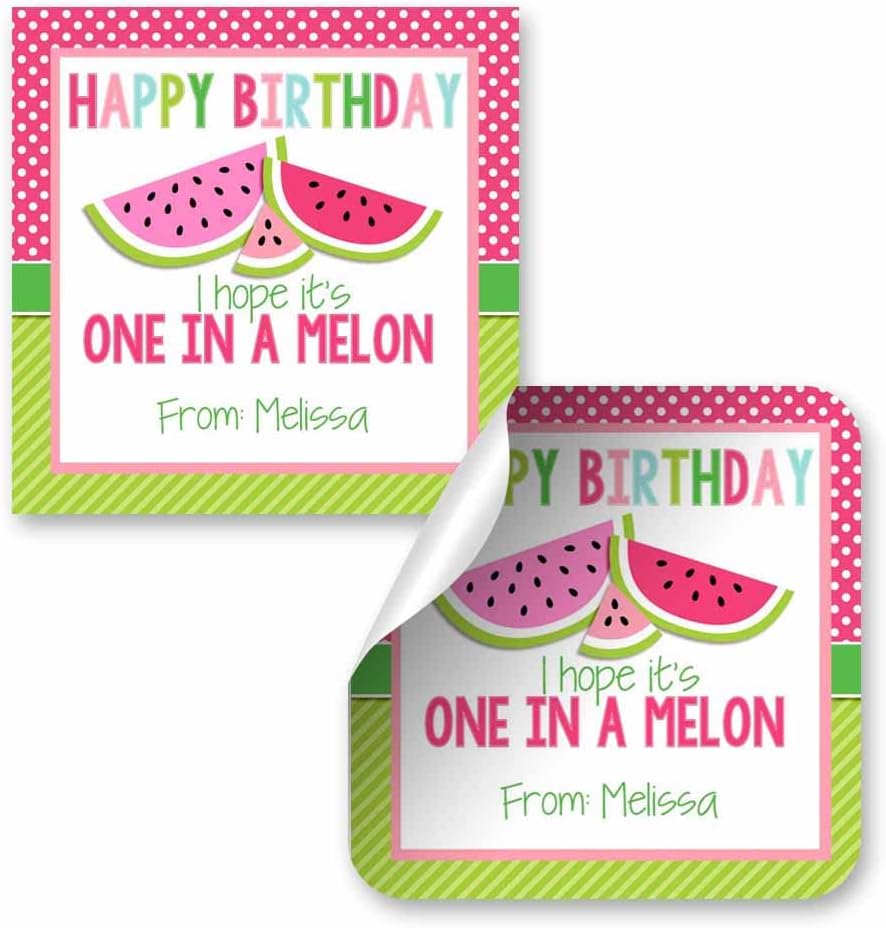 Custom & Personalized One in A Melon Watermelon Happy Birthday Gift Tag Sticker Labels, 24 2.5" Square Stickers by Amanda Creation