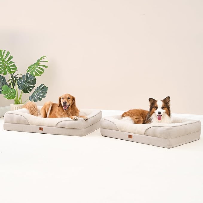 EHEYCIGA Memory Foam Dog Bed for Medium Size, Orthopedic Dog Sofa with Sides and Waterproof Liner, Washable Bolster Pet Bed Couch with Removable Cover, 30x20x6.5 Inch, Beige-PawvioPets