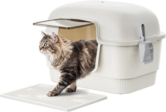 Cat Litter Box with Litter Mat and Scoop,High Wall Enclosed Cat Litter Boxes for Anti-Leakage, Covered Kitty Litter Box with Handle and Buckles for Portability and Privacy, Odor Control (White)-PawvioPets