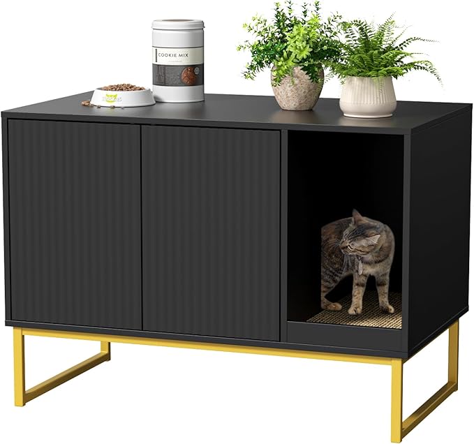 Cat Litter Box Enclosure, Fluted Hidden Litter Box Furniture with Scratch Pad and Metal Legs, Modern Enclosed Cat Cabinet, 31.5 x 17.7 x 21.7 Inches Indoor Pet House for Living Room, Washroom, Black-PawvioPets