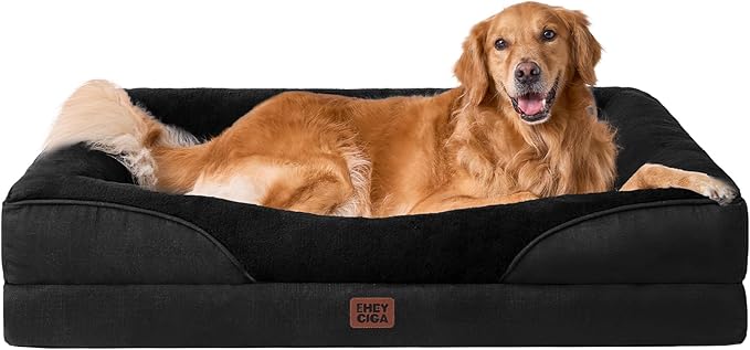 EHEYCIGA Memory Foam XL Dog Bed for XLarge Sized, Extra Large Orthopedic Dog Sofa with Sides and Waterproof Liner, Washable Bolster Pet Couch with Removable Cover, 42x30x7.5 Inch, Black-PawvioPets