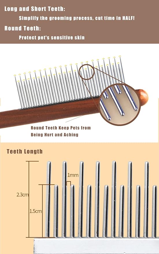 Dog Cat Comb with Solid Wood Handle Stainless Steel Teeth, Professional Pet Grooming Supplies Accessories Perfect for Honghair Hairy Pets-PawvioPets
