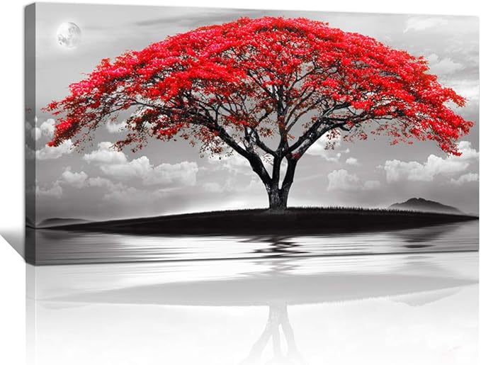 canvas wall art for living room bathroom Wall Decor Black and white landscape red tree moon scenery Hang painting Home Decorations for office bedroom kitchen Works canvas Prints pictures 24" x 48"inch-PawvioPets