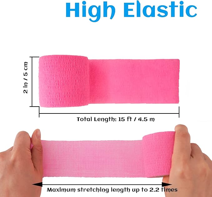 24 Rolls Pink Elastic Self Adhesive Bandage Wrap, Breathable Flexible Fabric Non Woven Cohesive Bandage, Ankle Sprains Swelling Medical First Aid Sports Athletic Tape, Dogs Pet Vet Wrap 2 in x 5 Yards-PawvioPets