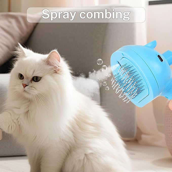 5-in-1 Pet Steam Brush for Cats & Dogs – Grooming, Shedding, Massage & One-Touch Clean for Short & Long Hair Pets – Electric Cat Brush with Comb & Steam (Blue)-PawvioPets