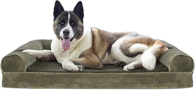 Furhaven Cooling Gel Dog Bed for Large Dogs w/ Removable Bolsters & Washable Cover, For Dogs Up to 95 lbs - Faux Fur & Velvet Sofa - Dark Sage, Jumbo/XL-PawvioPets