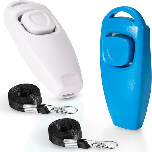 2-in-1 Dog Training Clicker Whistle for Training and Recall, Training Accessories for Puppy, Cats, Horses & Small Animals - 2 Pack with Lanyard, Reward Your Pets Efficiently(White + Light Blue)-PawvioPets