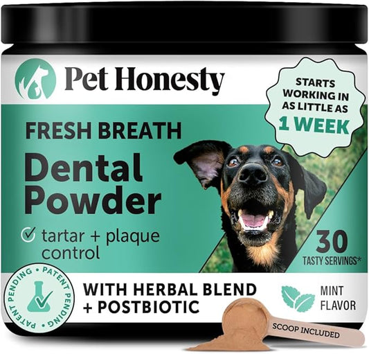 Dog Breath Freshener Dental Powder for Teeth Cleaning Plaque Off, Dental Care for Dogs, Tartar Remover for Teeth with Natural Herbal Blend + Postbiotics (Mint - 30 Servings)-PawvioPets