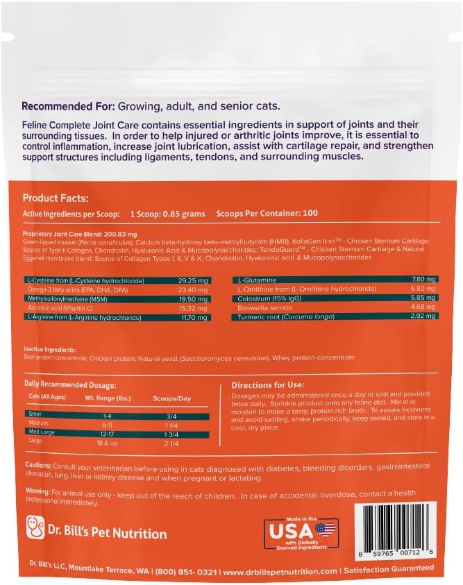 Dr. Bill’s Feline Complete Joint Care | Advanced Hip & Joint Supplement for Cats | Green Lipped Mussel Extract, Collagen Type II, Chondroitin, Hyaluronic Acid, Omega 3 and Colostrum | Powder, 85g-PawvioPets