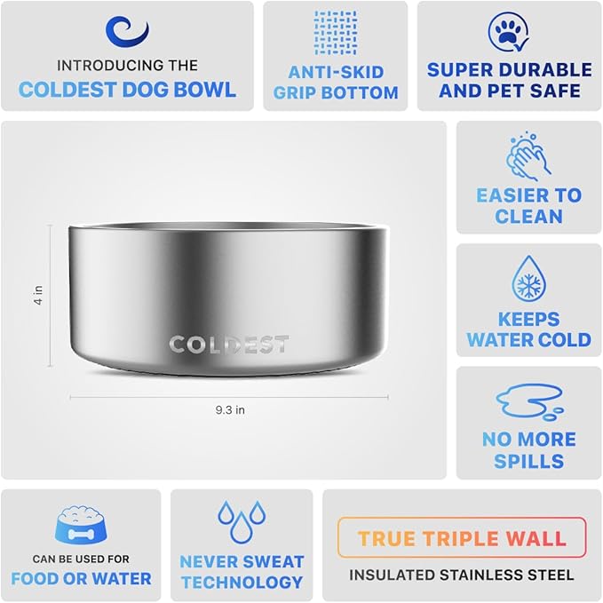 Coldest Dog Bowl - Anti Rust Metal, Non Slip, 3 Layers Insulated Stainless Steel Dog Bowls - Spill Proof & Heavy Duty - Water Bowl for Dogs, Cats, Dish Washer Safe (100 oz,Polished Stainless Steel)-PawvioPets