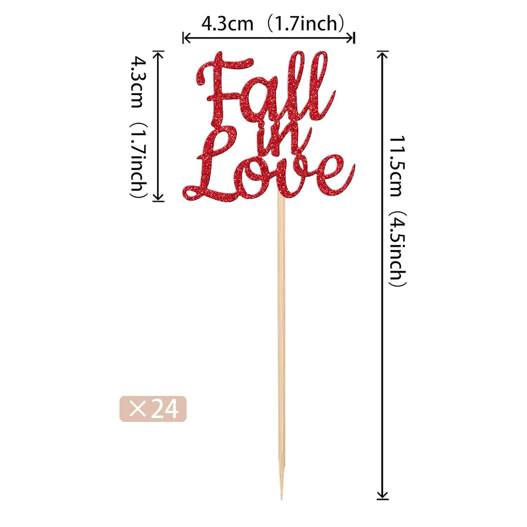 24 PCS Fall in Love Cupcake Toppers Glitter Fall Theme Party Cupcake Picks Bridal Shower Cupcake Decorations for Autumn Wedding Engagement Anniversary Birthday Party Cake Decorations Supplies Red